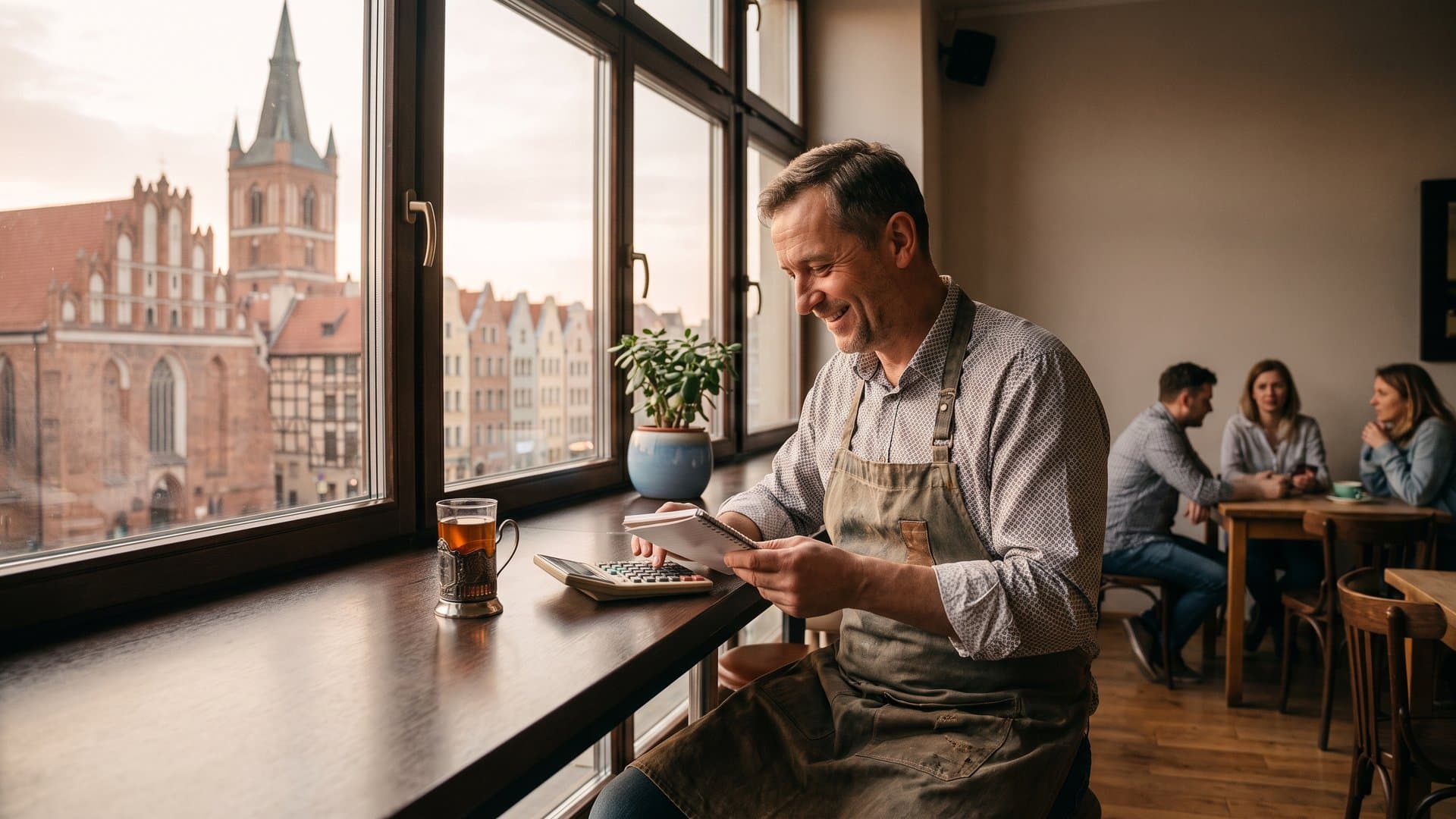 Właściciel restauracji liczy przy barze w spokojne popołudnie
