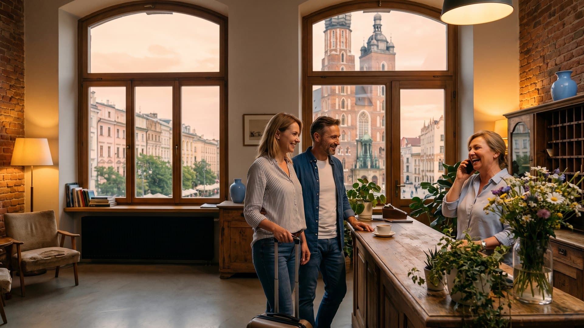 Uśmiechnięta recepcjonistka rozmawia przez telefon w recepcji małego hotelu w Krakowie, za oknem kamienice Rynku Głównego i wieże Kościoła Mariackiego